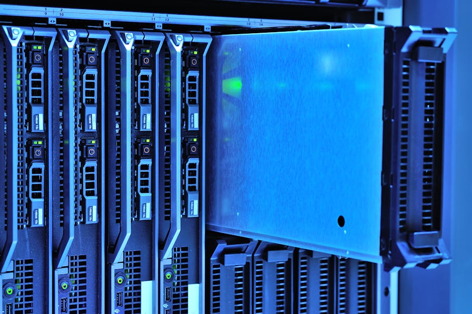 Detailed view of server racks with glowing lights in a data center environment