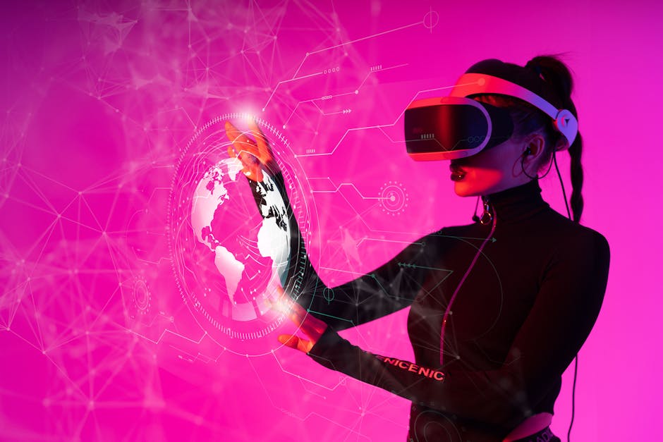 A woman interacts with a VR hologram in a futuristic studio setting